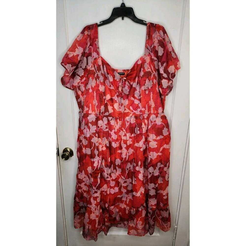TORRID Floral Midi Dress Size 3X Smocked Lace Up Clip Dot Ruffled Empire Waist